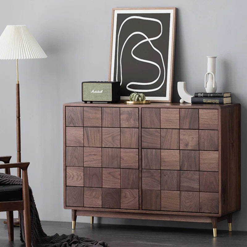 Solid Walnut 10-Drawer Dresser with Geometric Tile Front & Gold-Tone Legs