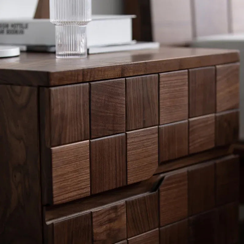 Solid Walnut 2-Drawer Nightstand with Geometric Tile Front & Metal Handles