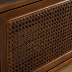 Mid-century modern walnut rattan TV stand with intricate carved woven panel detail - Elirian