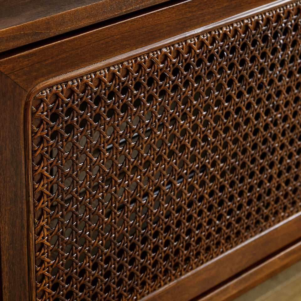 Mid-century modern walnut rattan TV stand with intricate carved woven panel detail - Elirian