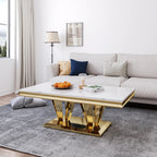 Rechteckiger Couchtisch mit weißer Marmorplatte und doppelten Beinen aus goldfarbenem Edelstahl