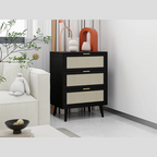 3-Drawer Rattan Accent Cabinet in Black with Semi-Circle Metal Handles