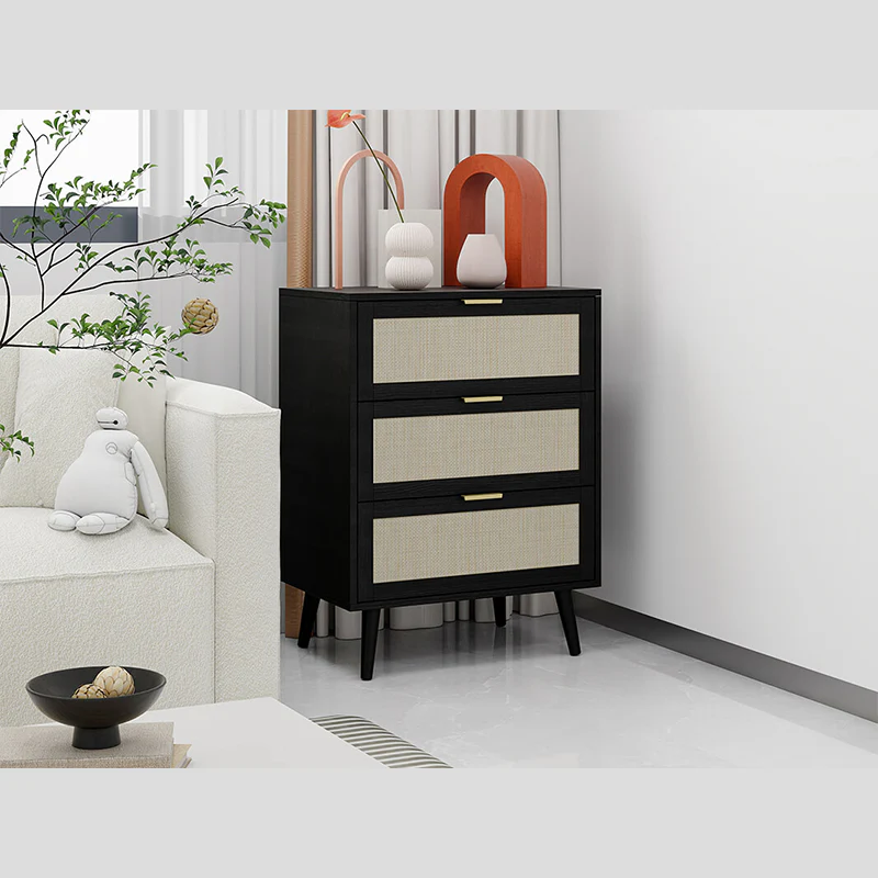 3-Drawer Rattan Accent Cabinet in Black with Semi-Circle Metal Handles