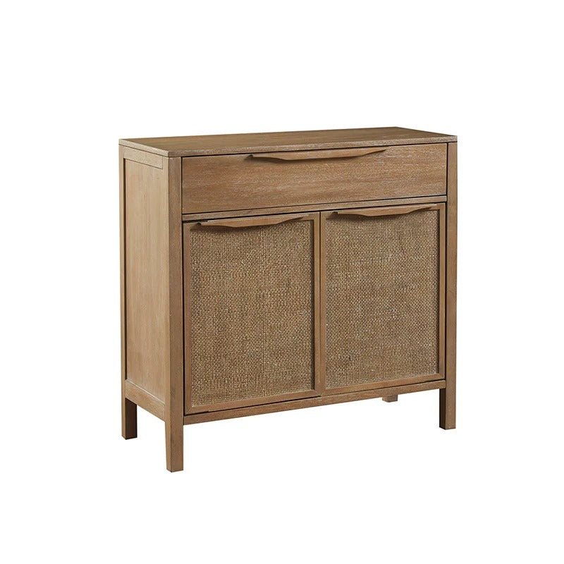 14.8" Natural Wood Woven Accent Storage Chest with Drawer & 2 Cane Doors