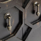 Distressed Black Two-Door Cabinet with Carved Fronts and Bronze Legs