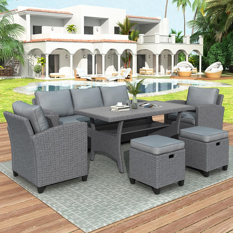 6-Piece Gray Rattan Outdoor Patio Dining Set with Cushions