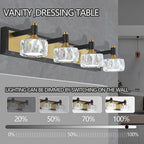 Modern crystal 4-light LED vanity wall fixture with dimmer control, black and brass design - Elirian