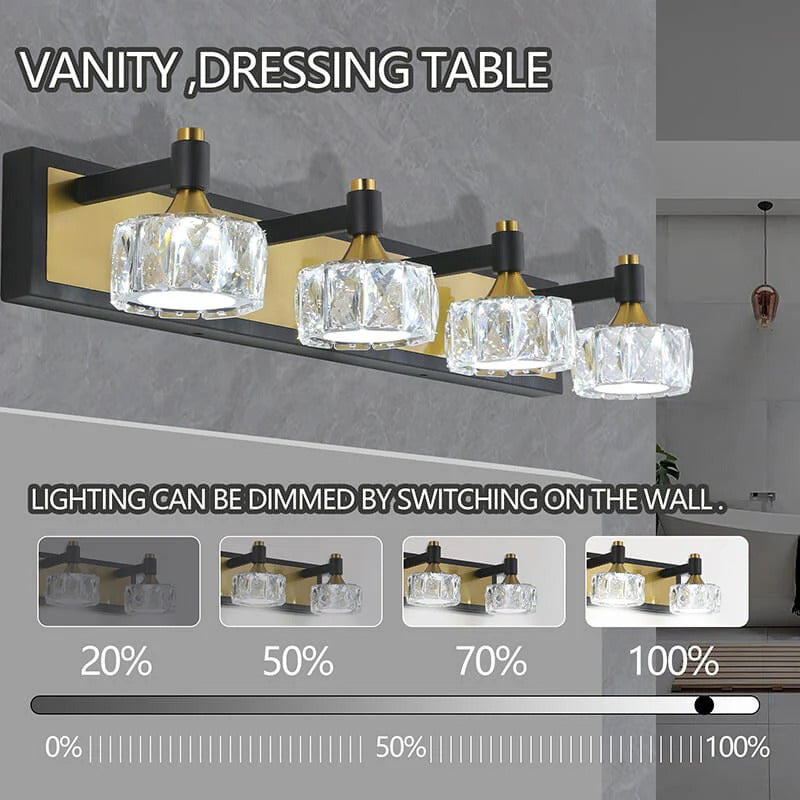 Modern crystal 4-light LED vanity wall fixture with dimmer control, black and brass design - Elirian