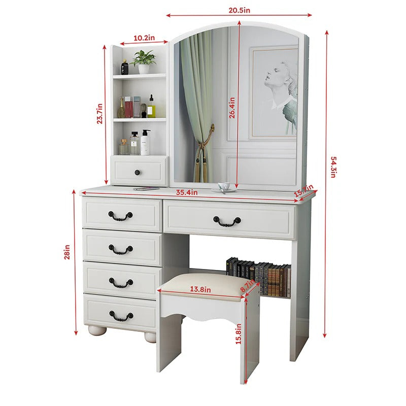 White makeup vanity desk with LED mirror, drawers and storage shelves - Elirian