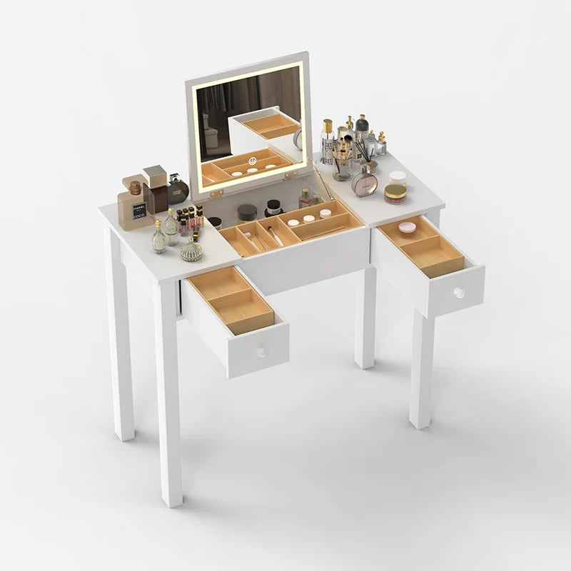 White makeup vanity with LED mirror, drawers and storage organizers - Elirian