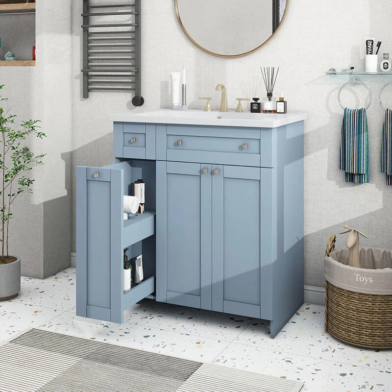 30" Blue Freestanding Bathroom Vanity with Integrated Resin Sink & Soft-Close Doors