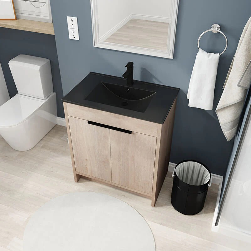 30" Light Oak Freestanding Bathroom Vanity with Black Ceramic Sink & Adjustable Shelf
