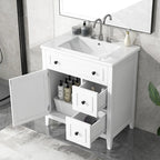 30" White Freestanding Bathroom Vanity with Ceramic Sink, Cabinet Door &Two Drawers