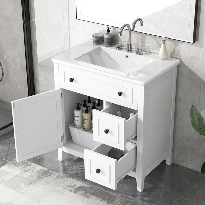 30" White Freestanding Bathroom Vanity with Ceramic Sink, Cabinet Door &Two Drawers