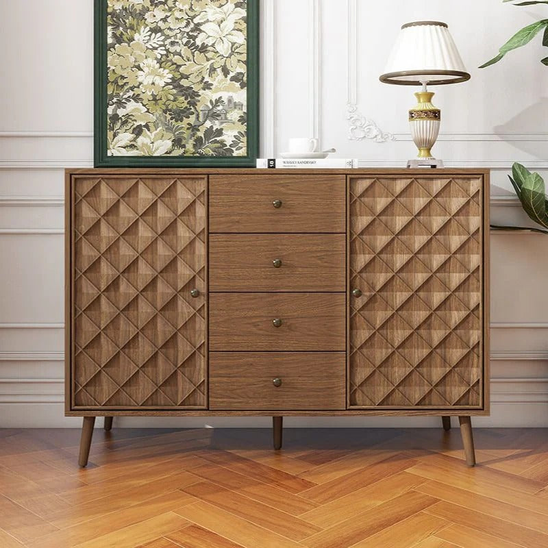 Four-Drawer Walnut Cabinet with Diamond Relief Doors & 2 Doors