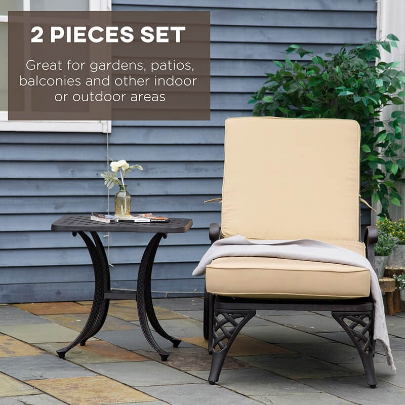 Fauteuil inclinable pliable en aluminium beige avec roulettes et table d'appoint