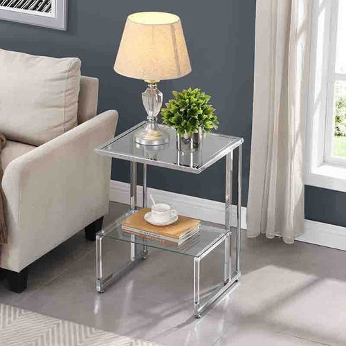 Two-Tier Chrome and Acrylic Side Table with Tempered Glass Top