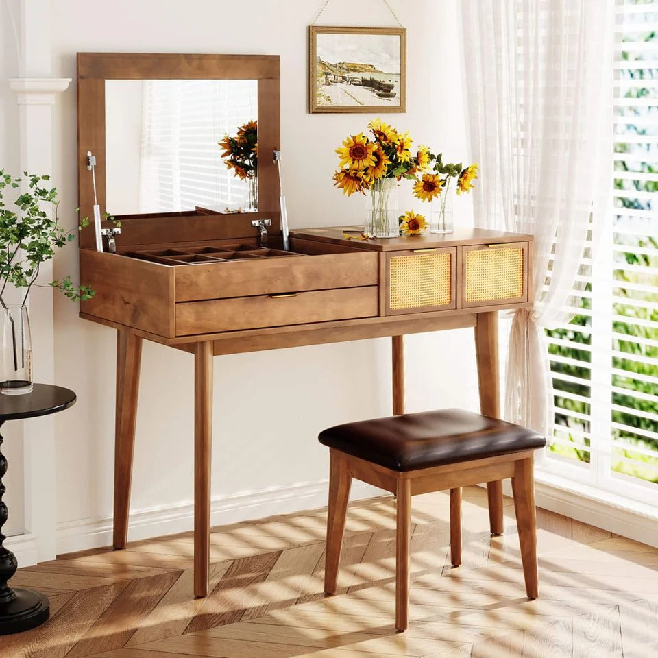 43" Brown Classic Makeup Vanity Set with Flip-Top Mirror & Upholstered Stool