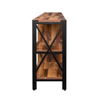 Meuble TV industriel en noyer et métal avec placard à porte grillagée et étagères ouvertes