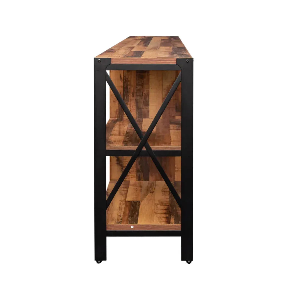 Meuble TV industriel en noyer et métal avec placard à porte grillagée et étagères ouvertes