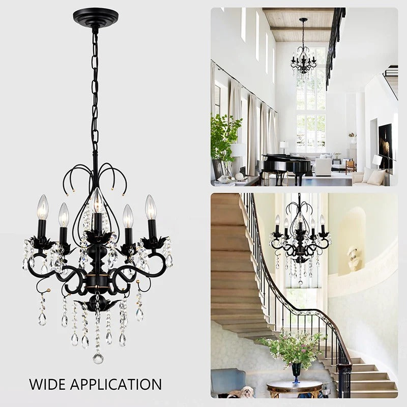 Vintage black crystal chandelier pendant light with ornate scrollwork and cascading crystals - Elirian