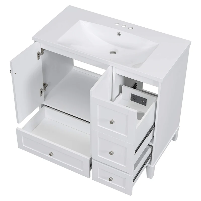 36" White Bathroom Vanity with Sink, USB Charger, 4 Drawers & 2-Door Cabinet