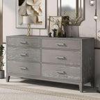 Six-Drawer Gray Wood Dresser with Tapered Legs and Pine Grain Veneer