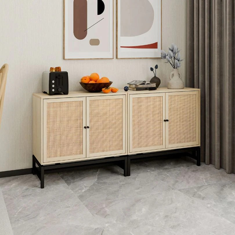 Natural Rattan Door Accent Cabinet with Metal Frame - Set of 2