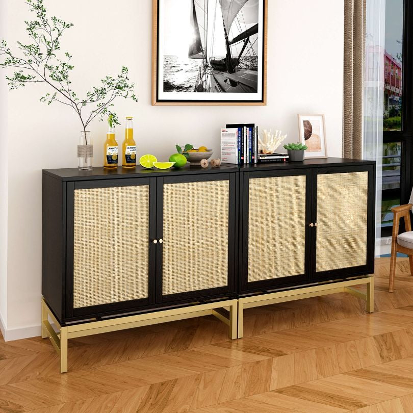 Black Rattan Door Accent Cabinet with Metal Frame - Set of 2