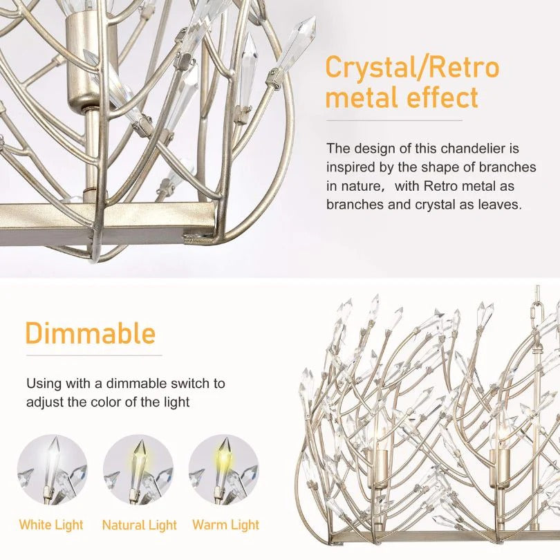 Crystal chandelier with vintage silver finish and dimmable LED lighting - Elirian