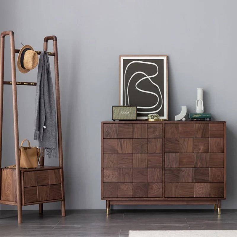 Solid Walnut 10-Drawer Dresser with Geometric Tile Front & Gold-Tone Legs