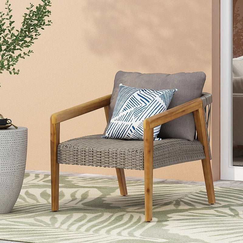 28" Grey Outdoor Club Chair with Acacia Wood Frame, PE Rattan Weave & Cushion