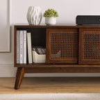 Mid-century modern walnut TV stand with rattan doors and open shelving storage - Elirian