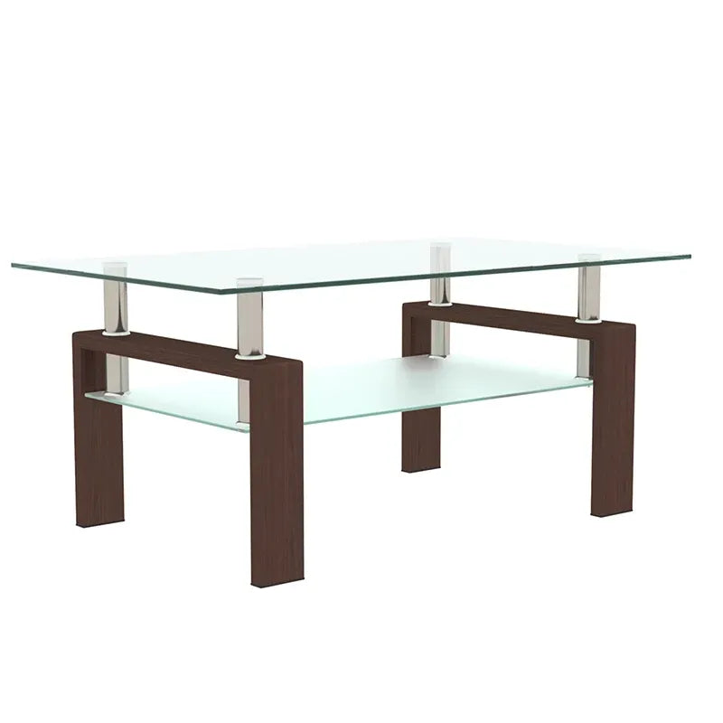 39" Walnut & Glass Rectangular Coffee Table with Lower Shelf