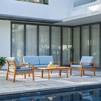 Ensemble de canapés d'extérieur 4 pièces Gloucester aspect teck avec coussins bleus