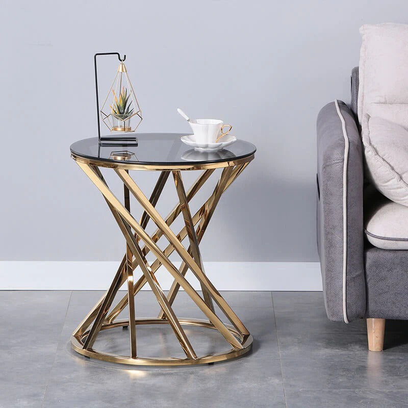 Round Gold Glass Side Table with Spiral Stainless Steel Frame