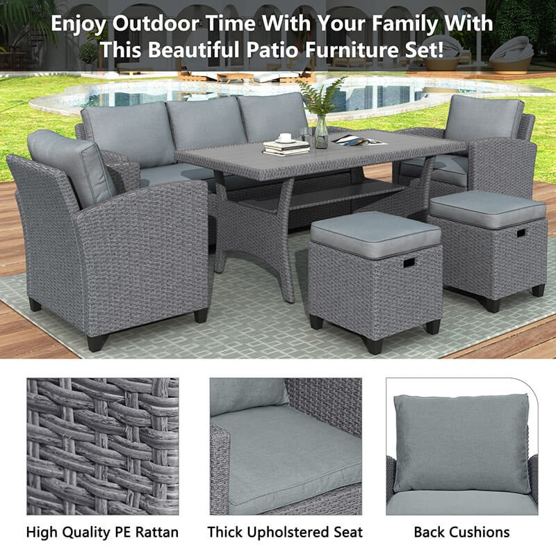 6-Piece Gray Rattan Outdoor Patio Dining Set with Cushions