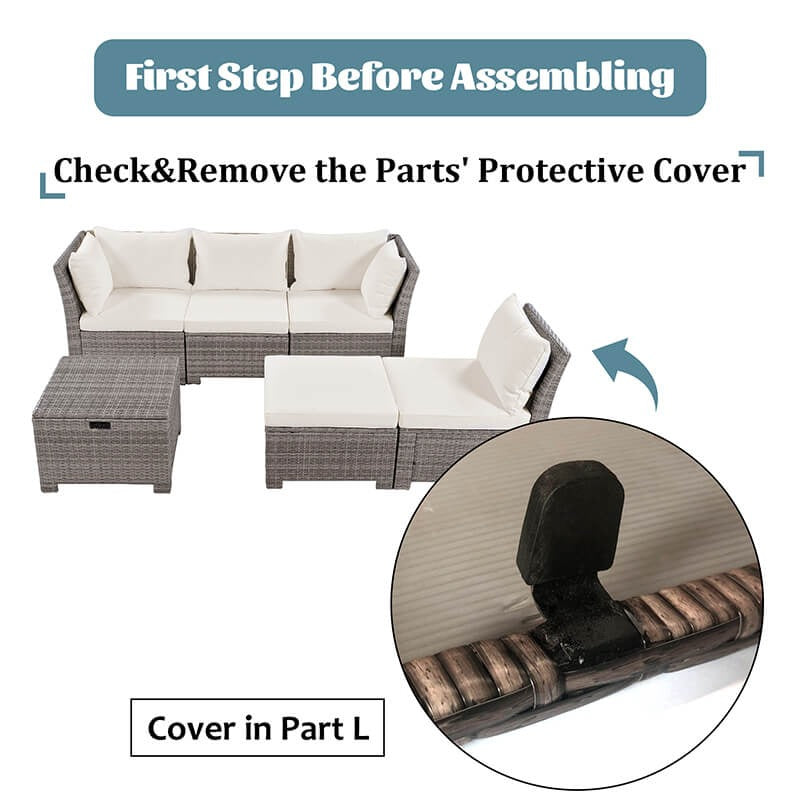 Beige 6-Piece Rattan Outdoor Patio Set with Storage Table, Ottoman & Cushions