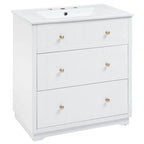 18" White Freestanding Bathroom Vanity with Ceramic Sink, Two Drawers & Gold Handles