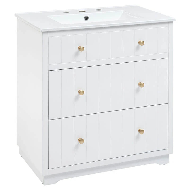 18" White Freestanding Bathroom Vanity with Ceramic Sink, Two Drawers & Gold Handles