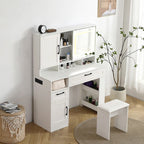 42" White Makeup Vanity Table with Sliding LED Mirror & Built-In Power Strip