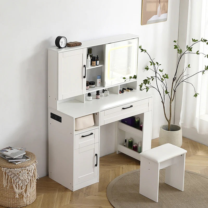 42" White Makeup Vanity Table with Sliding LED Mirror & Built-In Power Strip