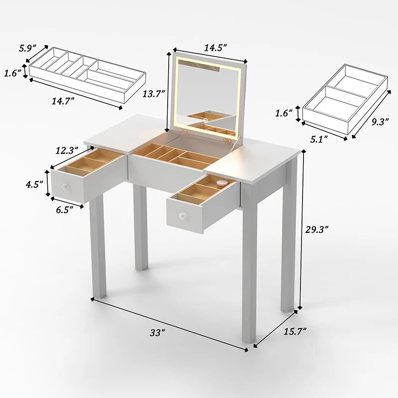 White makeup vanity table with tri-color LED mirror and wooden drawer storage - Elirian