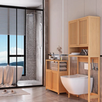 Natural Bamboo Freestanding Bathroom Storage Cabinet with Slatted Doors