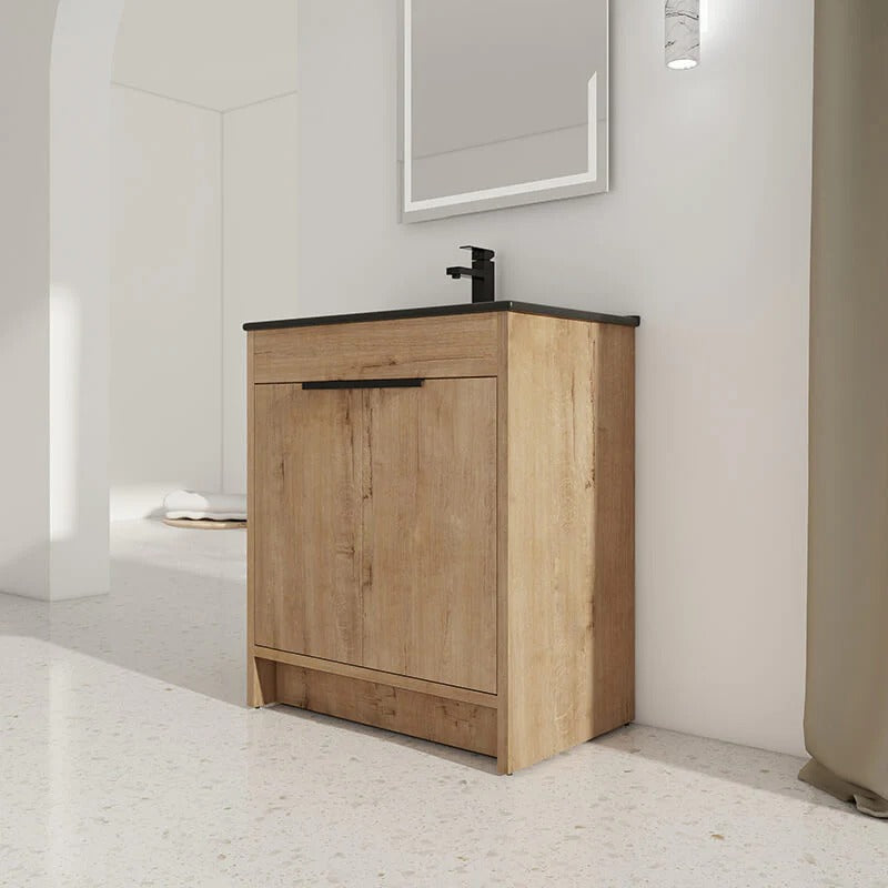 30" Freestanding Oak Bathroom Vanity with Black Ceramic Sink and Soft-Close Doors