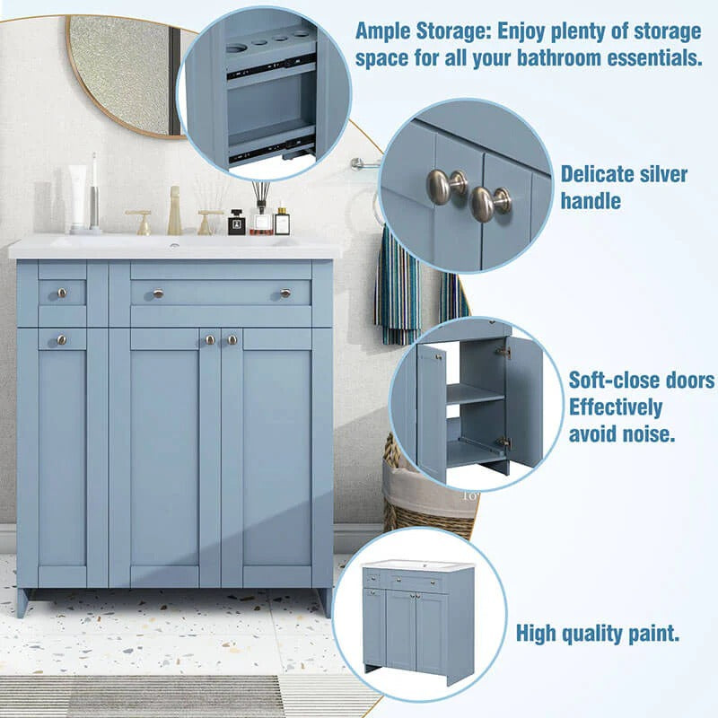 30" Blue Freestanding Bathroom Vanity with Integrated Resin Sink & Soft-Close Doors
