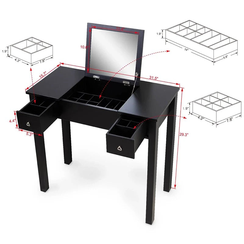 31.5" Black Flip-Top Vanity Table with Hidden Mirror, 2 Drawers & Centre Storage