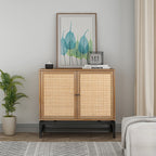 Walnut & Rattan 2-Door Accent Cabinet with Adjustable Shelf - Set of 2