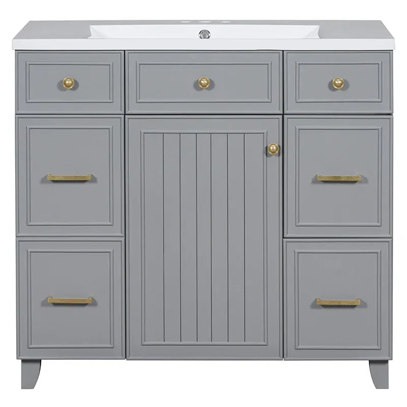 36" Freestanding Grey Bathroom Vanity with Sink, Soft-Close Door & Drawers