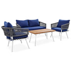 Navy Blue 4-Piece Woven Rope Patio Set with Acacia Wood Coffee Table & Cushions